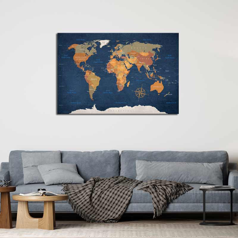 Tableau en liège - Mappemonde Océans Bleutés