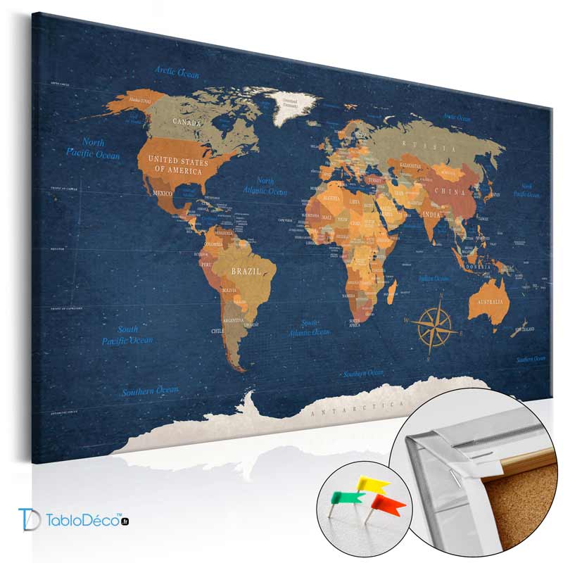 Acheter un Tableau en liège - Carte du Monde Océans Bleutés