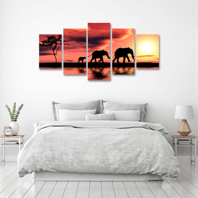Tableau sur toile en 5 parties d'une Famille Éléphant dans une chambre