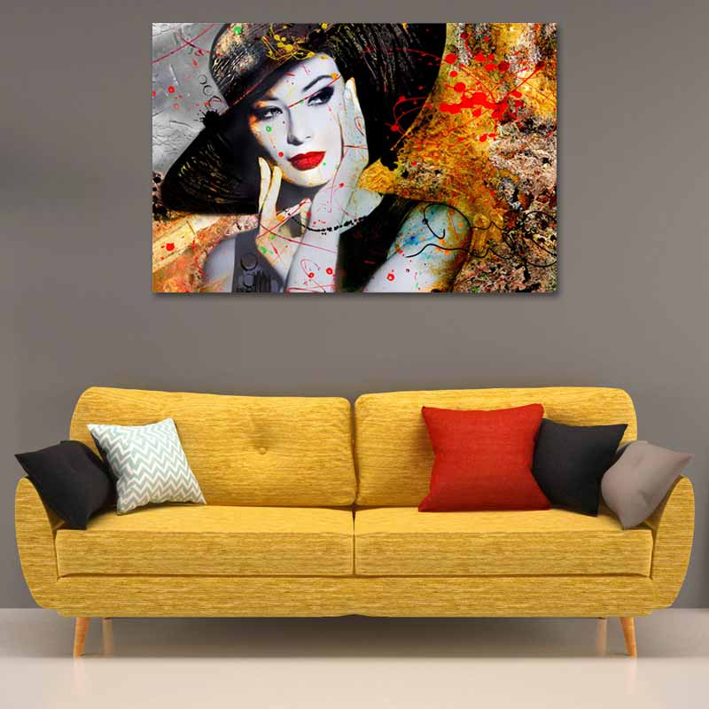 Tableau sur toile imprimée d'une Femme au Chapeau Noir
