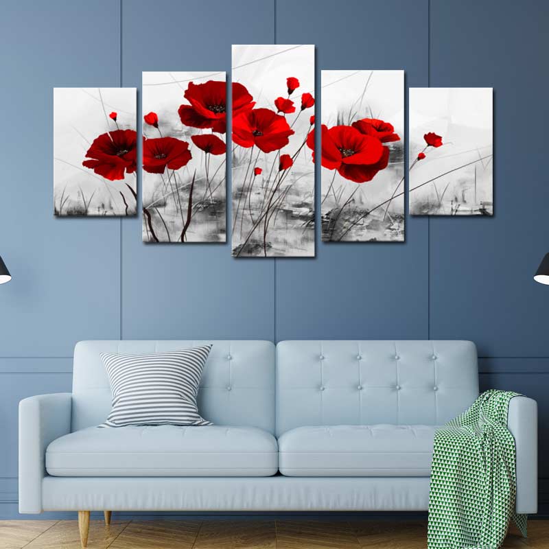Tableau 5 panneaux Fleur Coquelicot