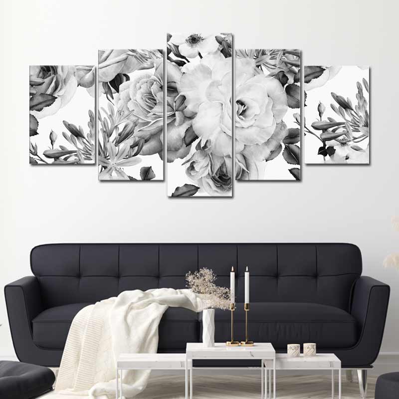 Tableau 5 panneaux Fleur Noir et Blanc