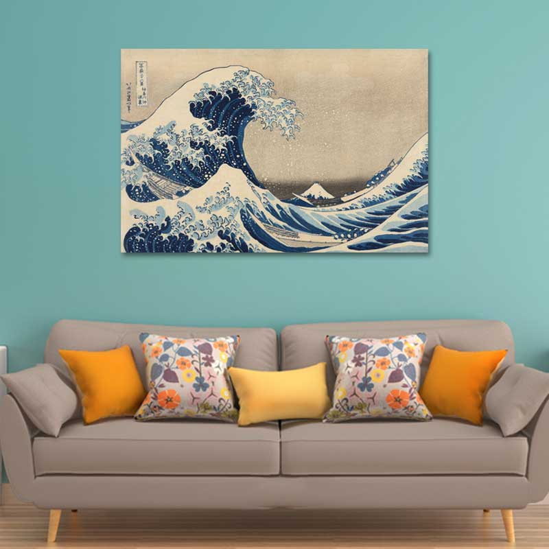 Tableau japonais sur toile de La Grande Vague de Kanagawa dans un salon