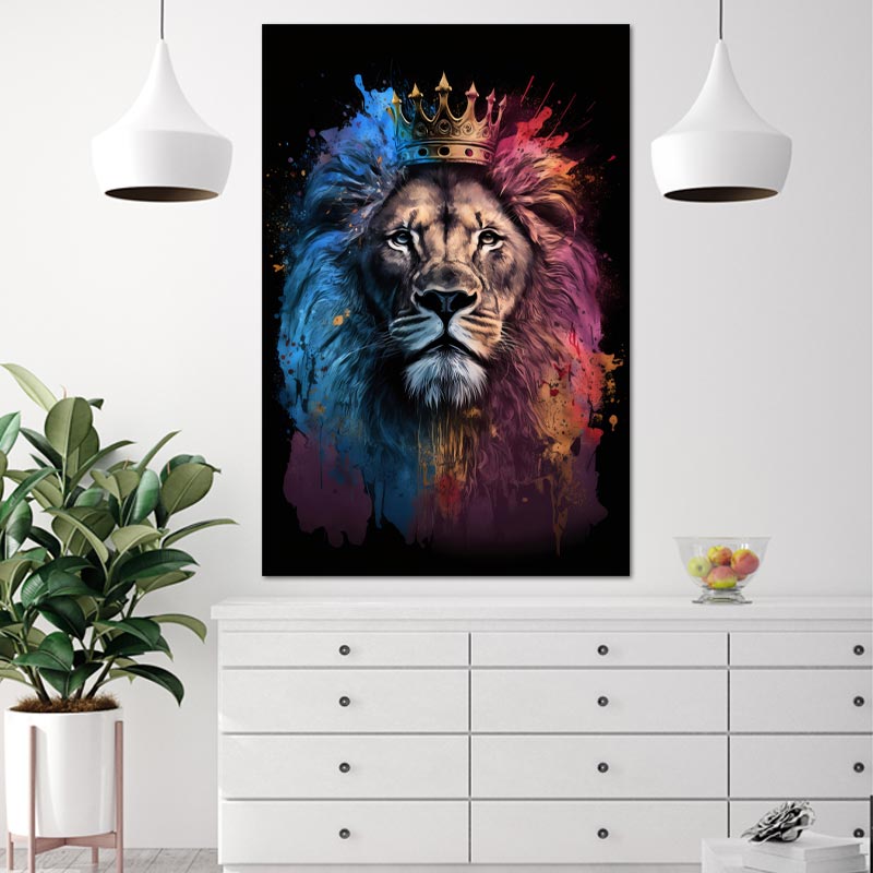 Toile décorative d'un Lion en Couleur avec une Couronne - TabloDéco.fr