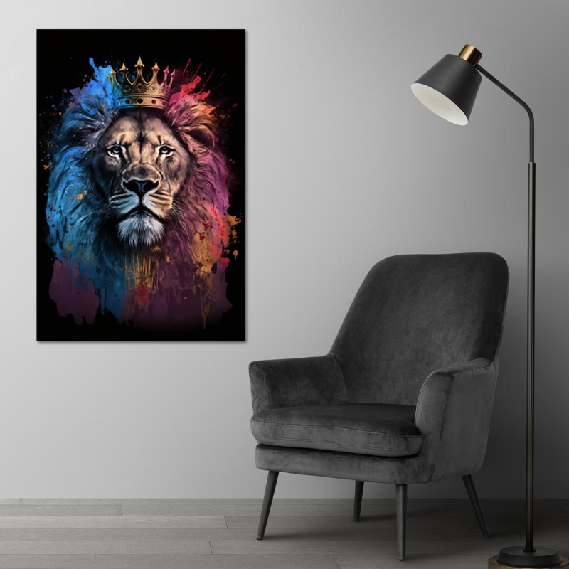 Tableau sur toile imprimée d'un Lion en Couleur avec une Couronne - TabloDéco.fr