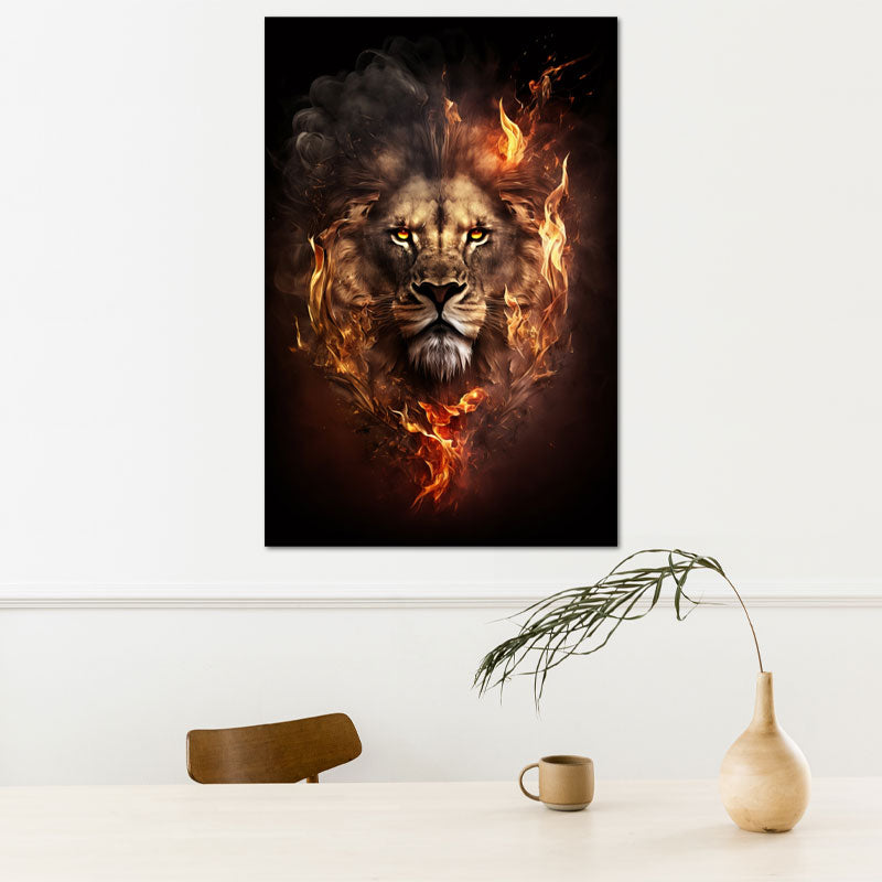 Toile décorative d'un Lion avec une Crinière en Flamme - TabloDéco.fr