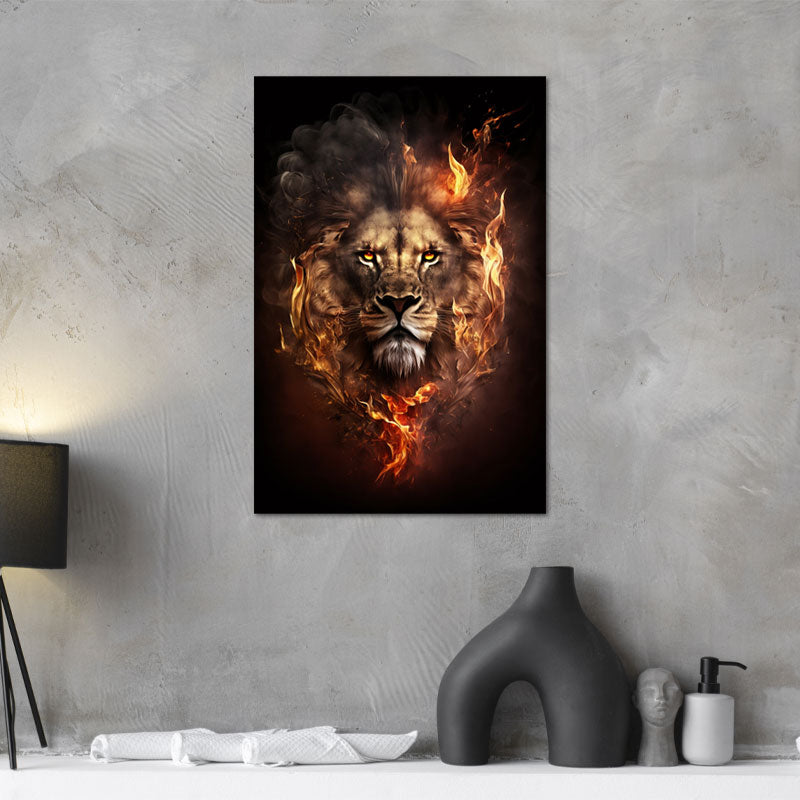Tableau déco sur toile d'un Lion Crinière en Flamme - TabloDéco.fr