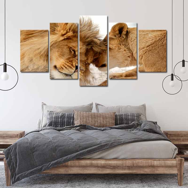 Tableau Mural Lion et Lionne 5 panneaux