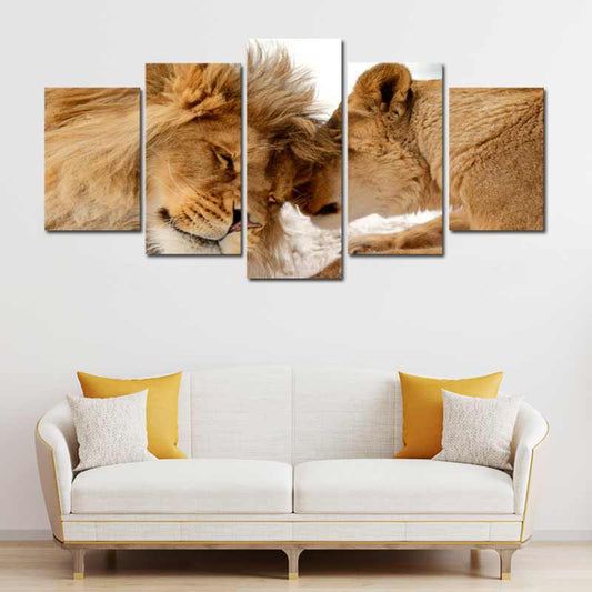 Tableau Lion et Lionne 5 panneaux