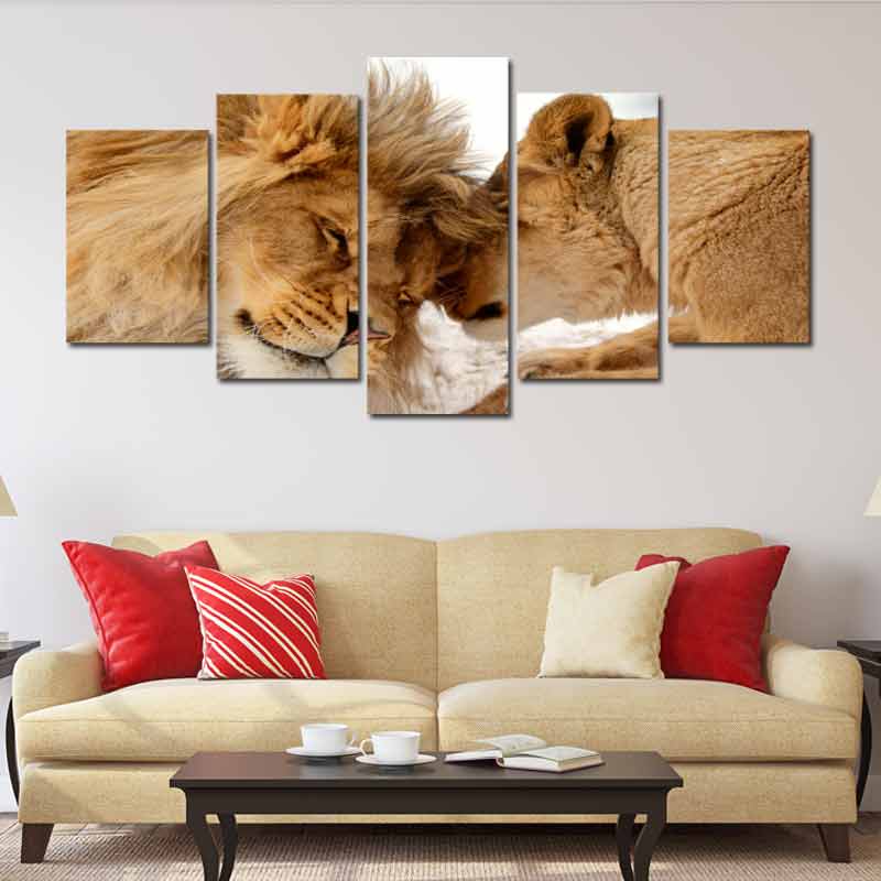 Tableau Décoratif Lion et Lionne 5 panneaux