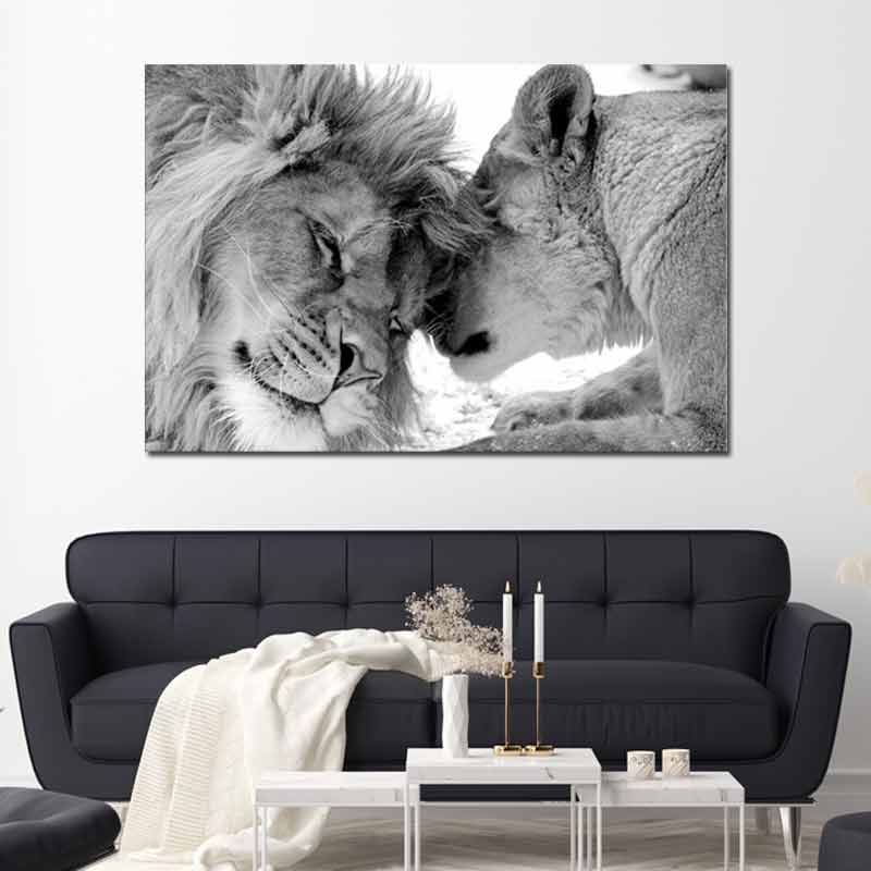 Tableau Mural d'un Lion et d'une Lionne en Noir et Blanc