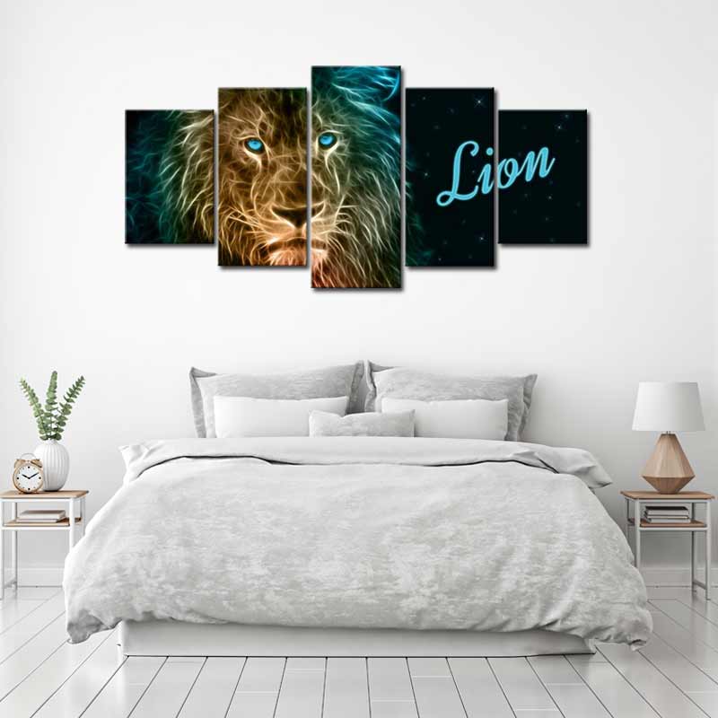 Tableau Lion Néon en 5 panneaux