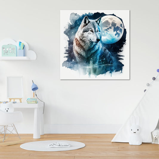 Toile décorative Loup Bleu Fond Blanc - TabloDéco.fr