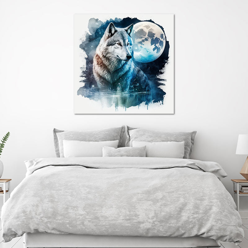 Tableau Loup Bleu Fond Blanc - TabloDéco.fr