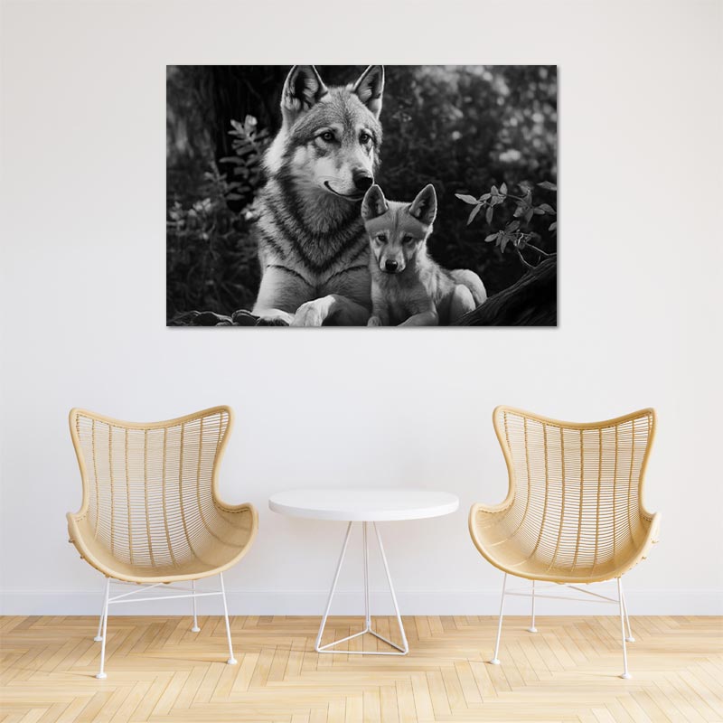 Photo sur toile d'une Louve et de son Louveteau en noir et blanc - TabloDéco.fr
