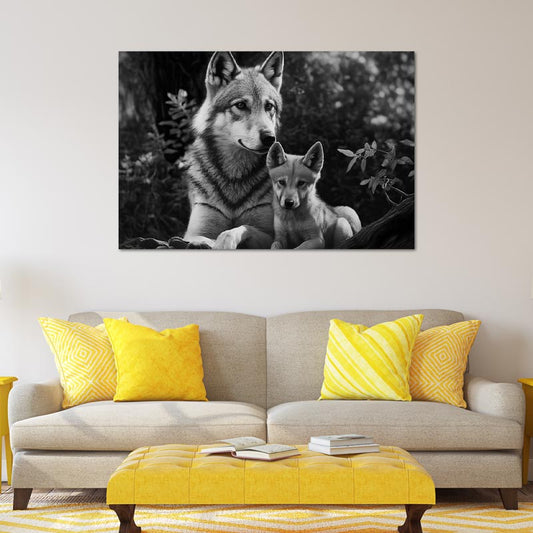 Toile décorative d'une Louve et de son Louveteau en Noir et Blanc - TabloDéco.fr