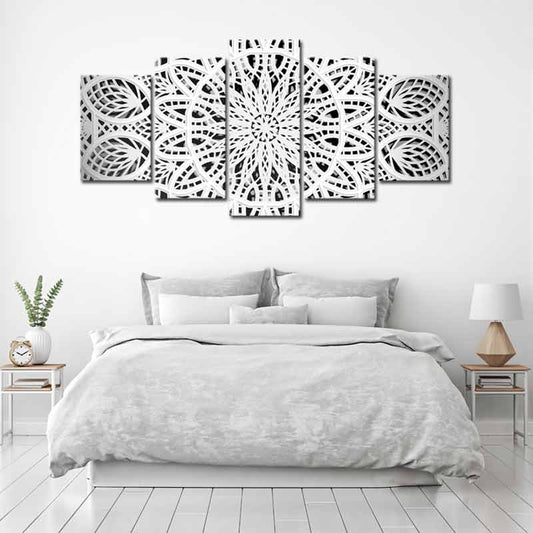 Tableau Mandala Blanc en 5 panneaux