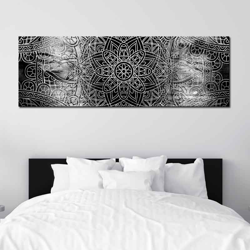 Tableau sur toile Mandala Noir et Blanc panoramique - TabloDéco.fr