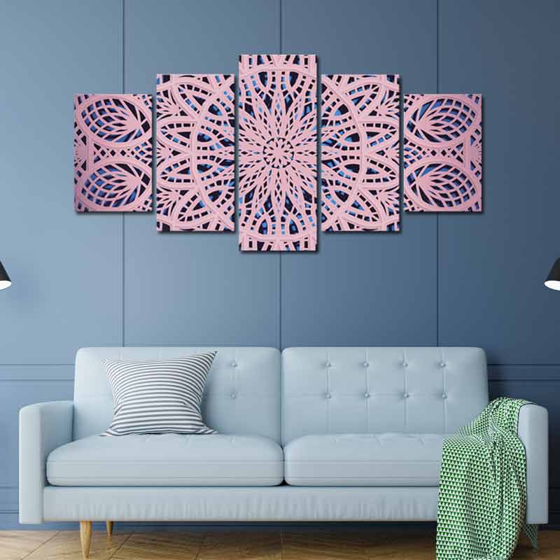Tableau sur toile d'un Mandala Rose en 5 parties
