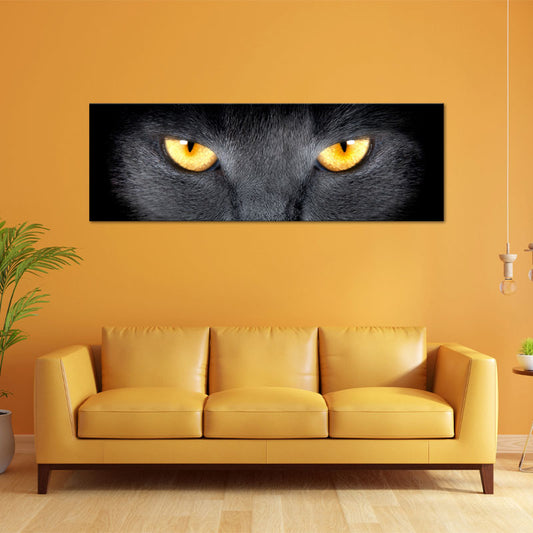Toile déco Panoramique d'un Chat Noir aux Yeux Dorés - TabloDéco.fr