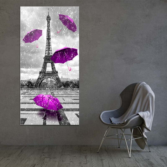Toile décorative de la Tour Eiffel et des parapluies violets - TabloDéco.fr