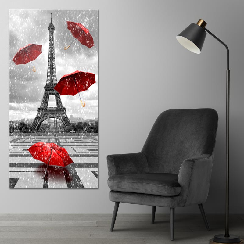 tableau de décoration sur toile de la Tour Eiffel et des parapluies rouges - TabloDéco.fr