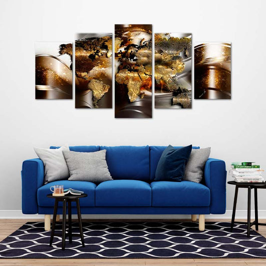 Tableau Planisphère Doré en 5 Parties - TabloDéco.fr