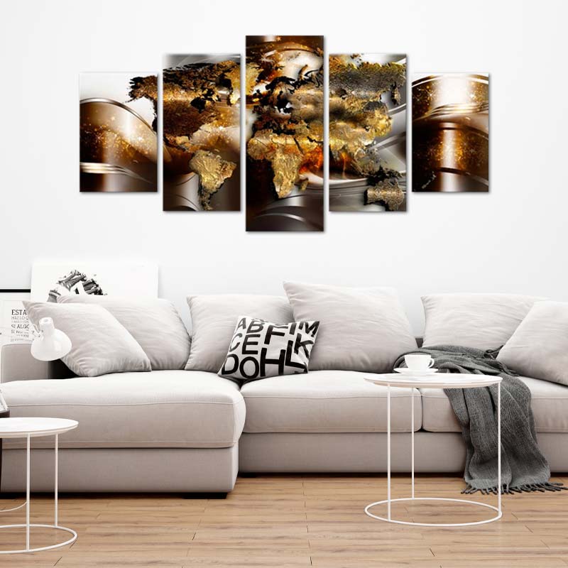  Toile décorative d'un Planisphère Doré en 5 Parties - TabloDéco.fr