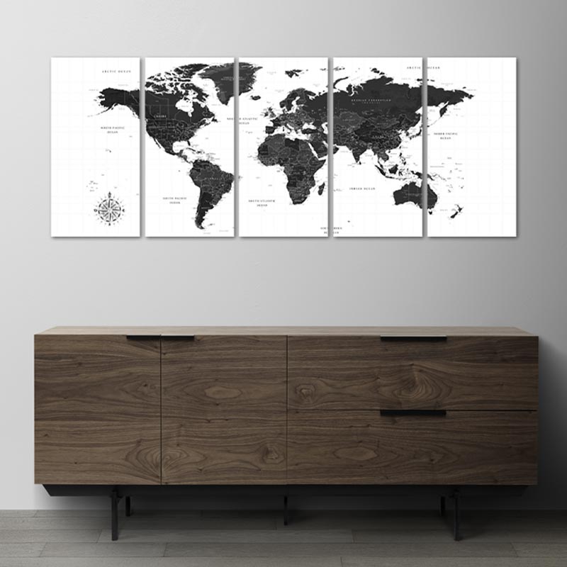 Toile décorative d'un Planisphère Noir et Blanc 5 Panneaux - TabloDéco.fr