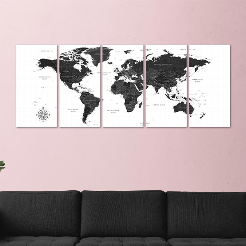 Planisphère Noir et Blanc 5 Panneaux sur toile - TabloDéco.fr