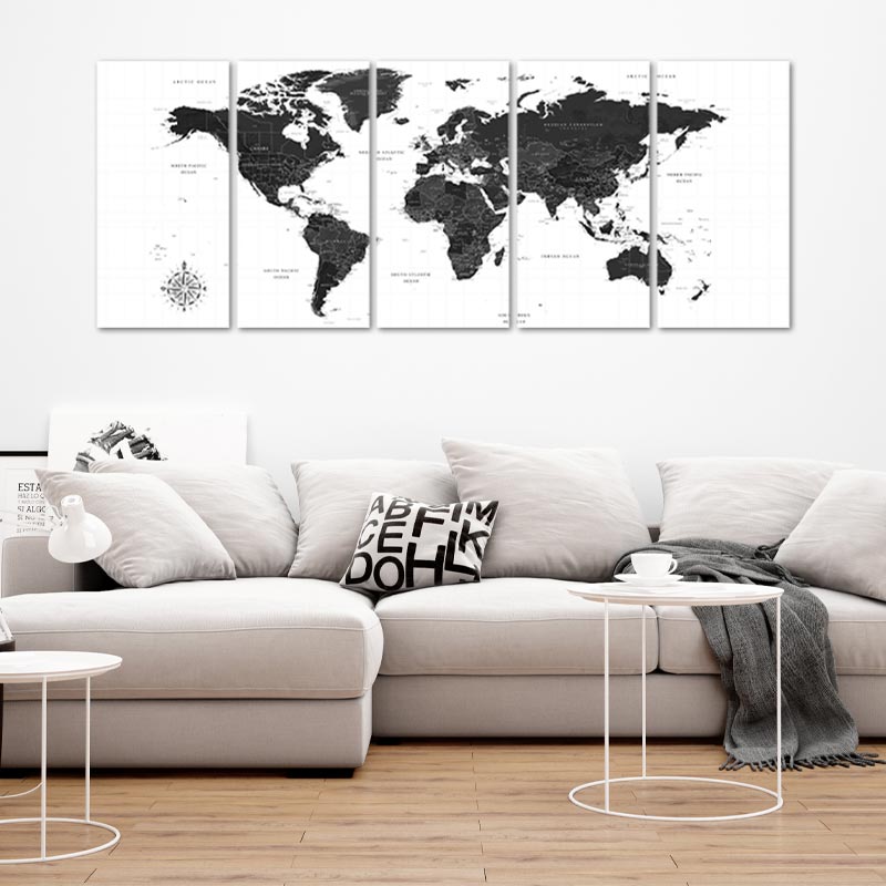 Tableau décoratif d'un Planisphère Noir et Blanc 5 Panneaux - TabloDéco.fr