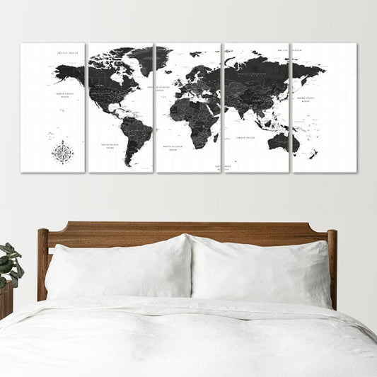 Tableau Planisphère Noir et Blanc 5 Panneaux - TabloDéco.fr