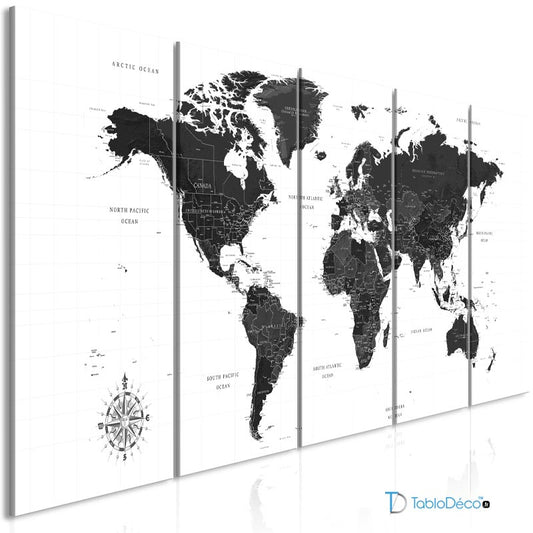 Acheter un Tableau Planisphère Noir et Blanc en 5 Panneaux - TabloDéco.fr