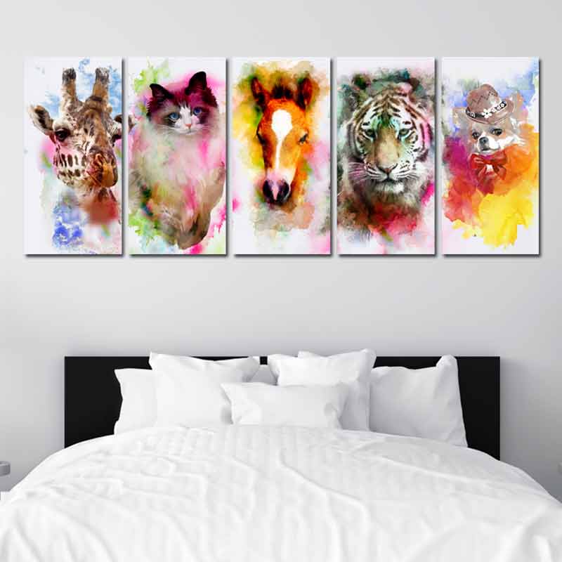 Tableau Portrait d'Animaux en 5 parties Colorées
