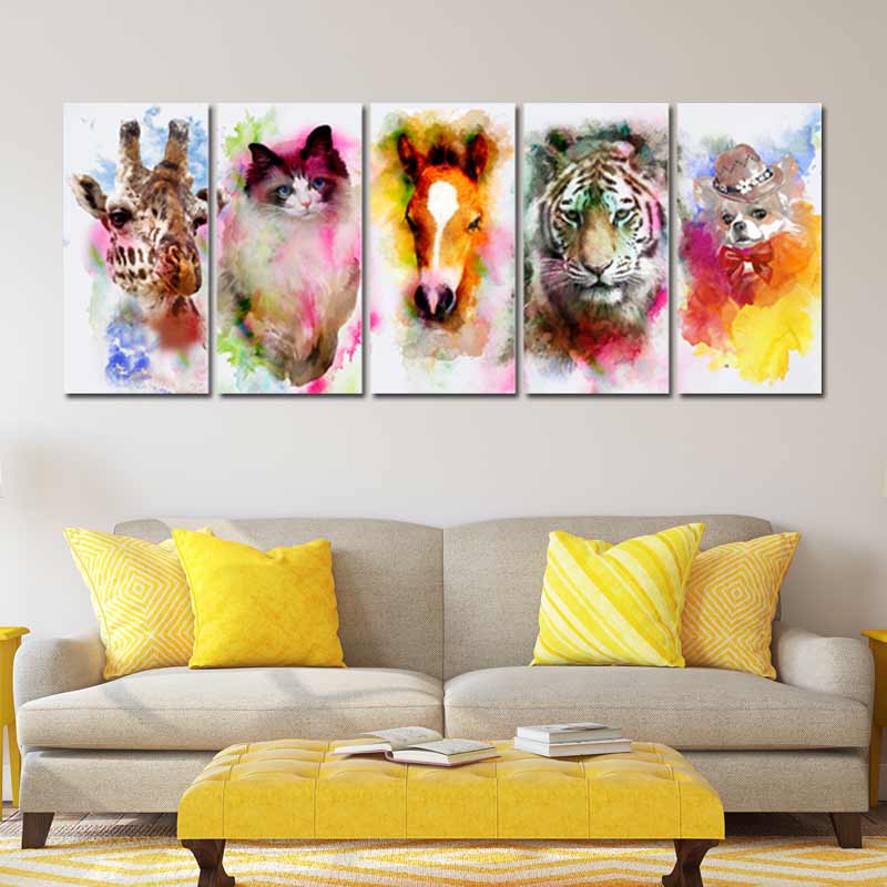 Tableau Animaux Colorés en 5 Portraits