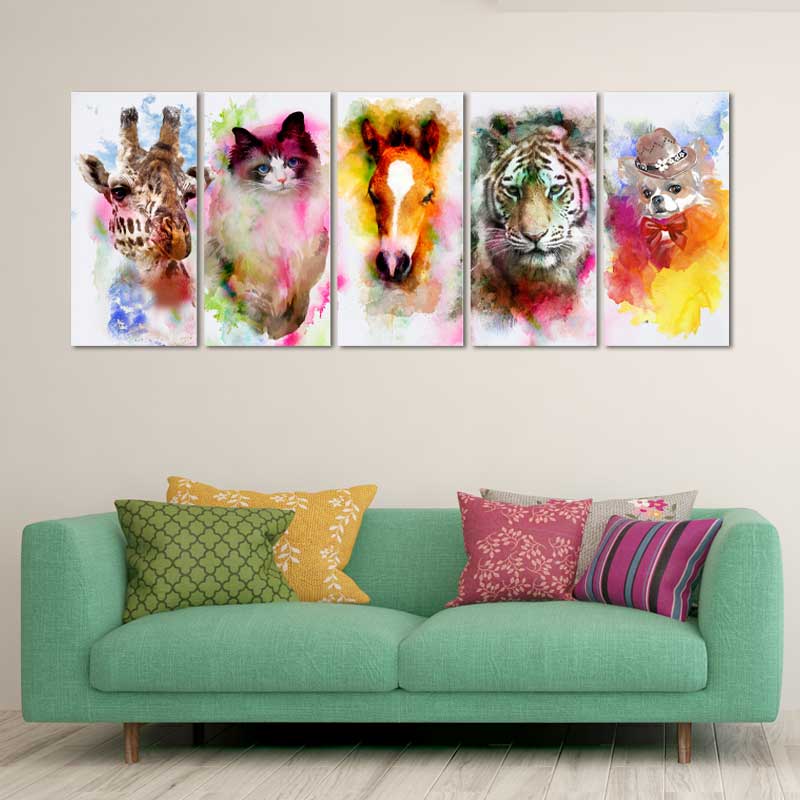 Tableau Portrait Animaux Colorés en 5 panneaux - TabloDéco.fr