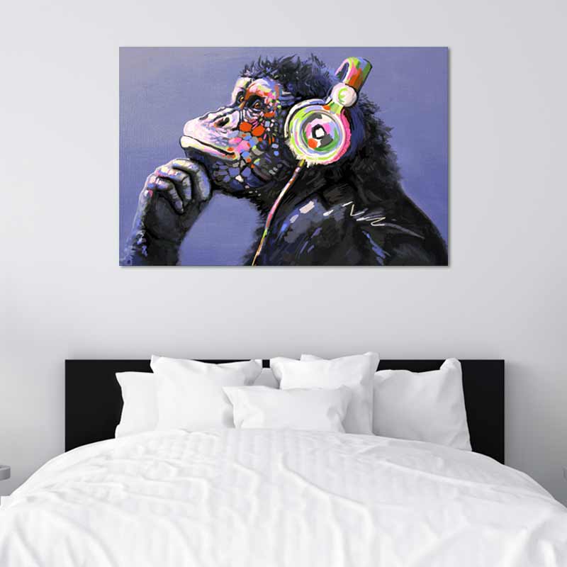 Tableau décoratif sur toile d'un Singe avec un Casque Audio
