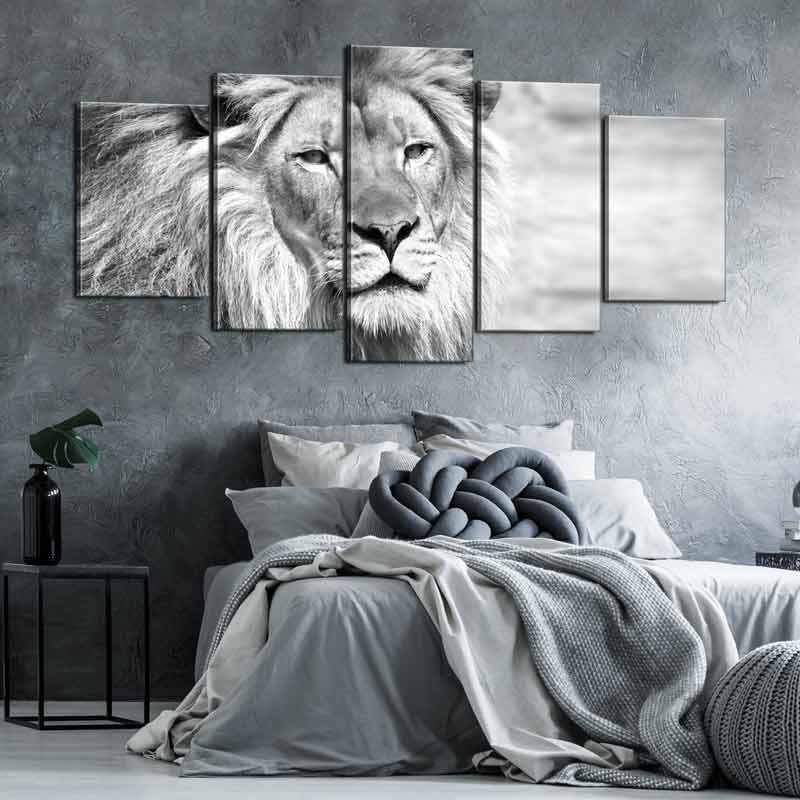 Tableau Tête de Lion Noir et Blanc en 5 parties
