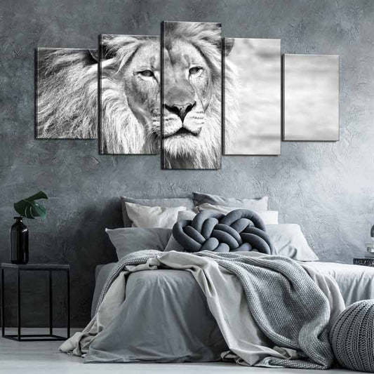 Tableau Tête de Lion Noir et Blanc en 5 parties