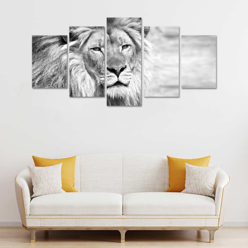 Tableau de décoration d'une Tête de Lion Noir et Blanc sur 5 panneaux - TabloDéco.fr