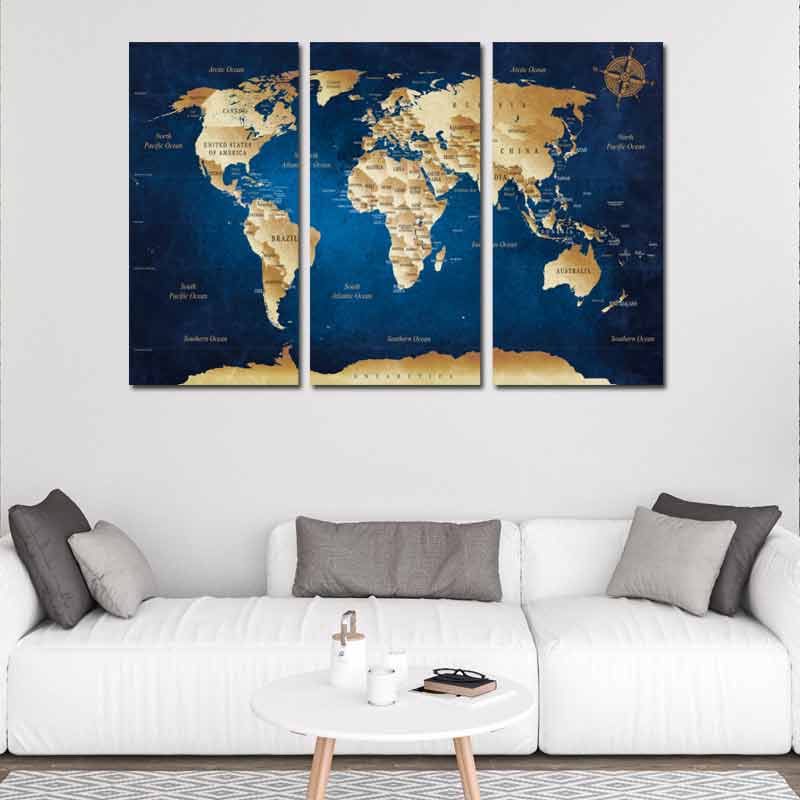 Tableau Triptyque Carte du Monde