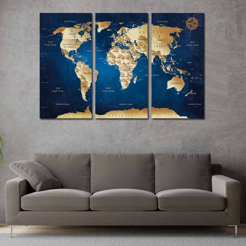 Tableau Triptyque Décoratif Carte du Monde