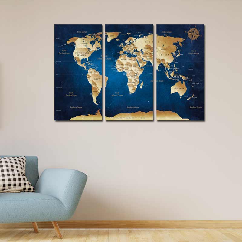 Triptyque Carte du Monde Bleutée