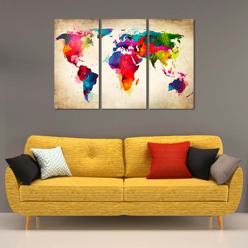 Tableau de décoration en Triptyque d'un Planisphère aux Couleurs Vives