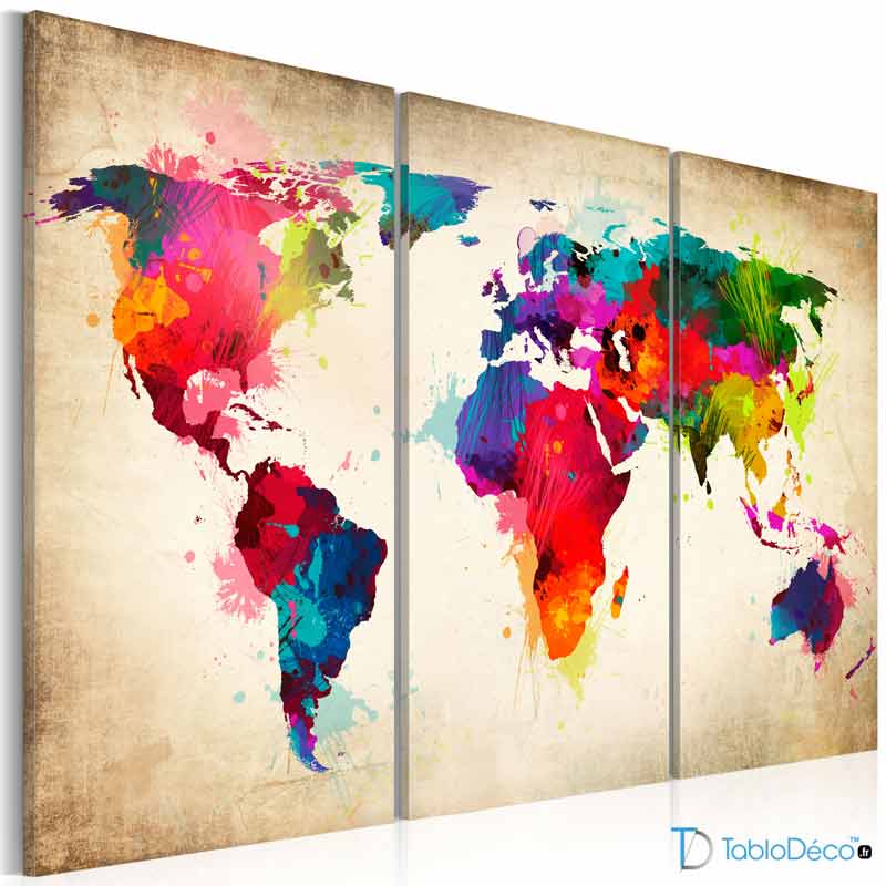 Achat d'un Tableau Triptyque Planisphère Couleurs Vives - TabloDéco.fr