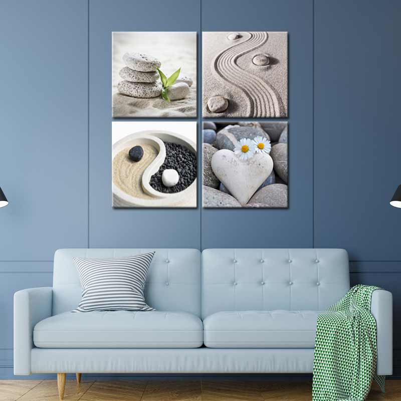 Tableaux Décoration en 4 panneaux Zen avec Sable et Cailloux