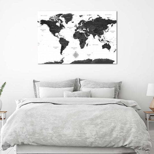 Toile Carte du Monde en Blanc et Noir