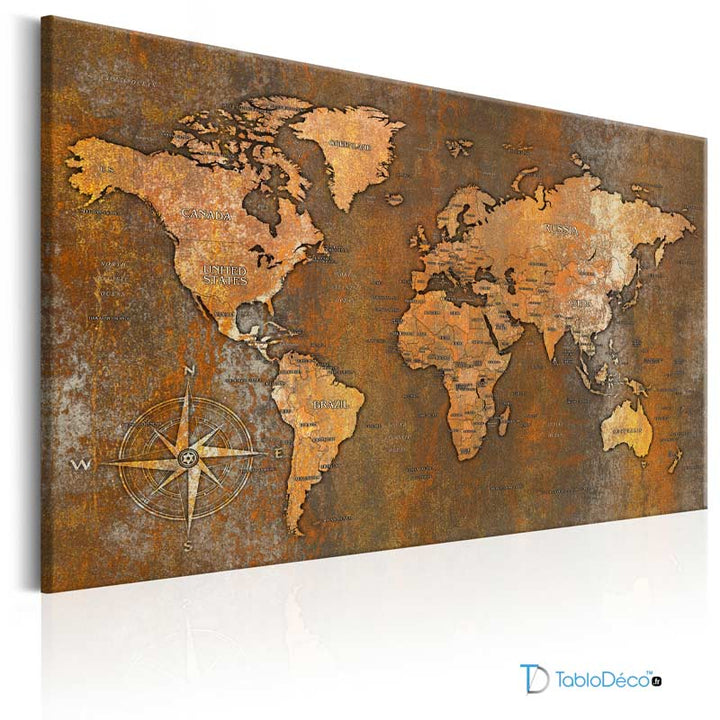 Tableau Déco - Carte Du Monde Ancienne Avec Effet Lumineux Phosphorescent - Vintage